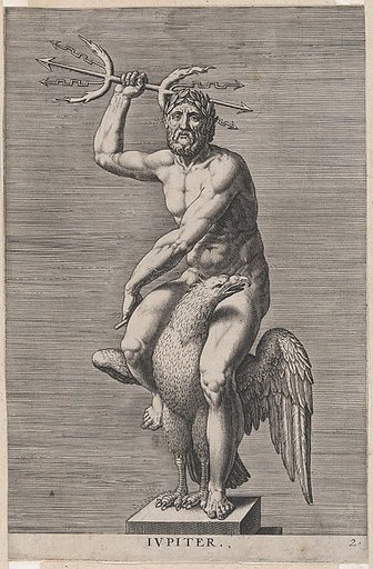 Jupiter; statue of the nude god seated on an eagle, holding a double trident, plate 2 from "Statues of Roman Gods"