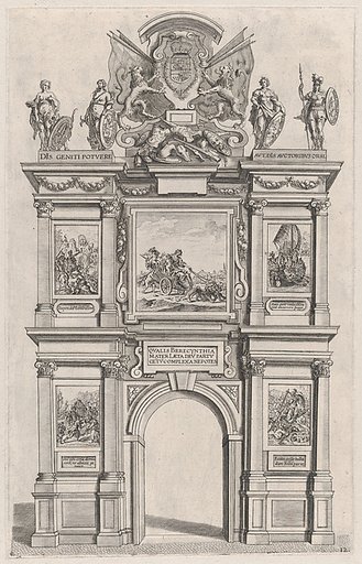 Plate 12: Triumphal arch, elevation of the back facade, surmounted with the arms of Ferdinand and decorated with five mythical or heroic scenes; from Guillielmus Becanus's 'Serenissimi Principis Ferdinandi, Hispaniarum Infantis...'