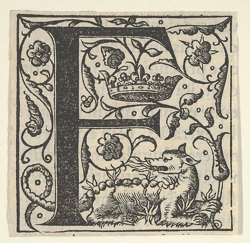 Initial letter F with salamander and crown (related to King Francis I)