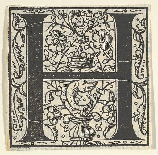Initial letter H with dolphin and crown (related to King Francis I)