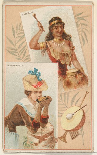 Harmonica and Tam Tam, from the Musical Instruments series (N121) issued by Duke Sons & Co. to promote Honest Long Cut Tobacco