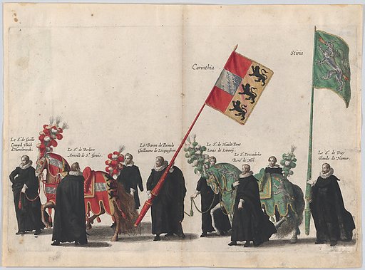 Plate 44: Men with heraldic flags and horses from Carinthia and Styria marching in the funeral procession of Archduke Albert of Austria; from 'Pompa Funebris ... Alberti Pii'