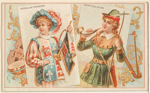 Heralds Trumpet and Hunting Horn, from the Musical Instruments series (N121) issued by Duke Sons & Co. to promote Honest Long Cut Tobacco