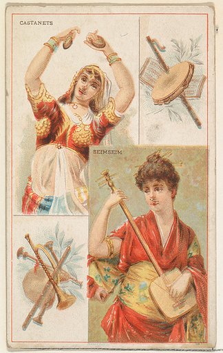 Castanets and Seimseim, from the Musical Instruments series (N121) issued by Duke Sons & Co. to promote Honest Long Cut Tobacco