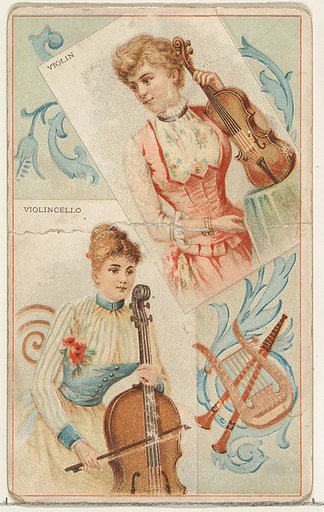 Violin and Violincello, from the Musical Instruments series (N121) issued by Duke Sons & Co. to promote Honest Long Cut Tobacco