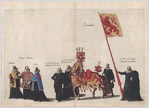 Plate 35: Men with heraldic flags and horses from Charolois marching in the funeral procession of Archduke Albert of Austria; from 'Pompa Funebris ... Alberti Pii'