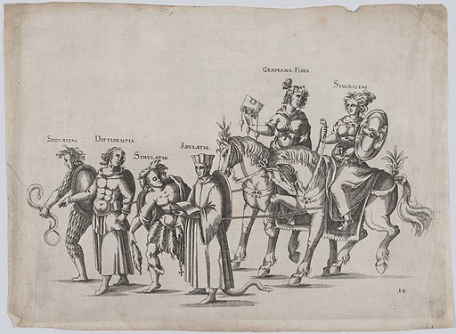 Plate 14: Six figures marching in a procession, two atop horses, a snake at bottom center; plate from 'Repraesentatio Der Fürstlichen Auffzug und Ritterspil... Herrn Johann Friderichen Hertzogen zu Württenberg und Teckh... und Fürstin Barbara Sophien ...' Stuttgart, November 6, 1609