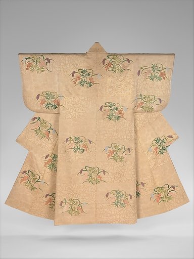 Noh Costume (Nuihaku) with Millet and Nandina Berries on a Background of Pine Branches and Zither Bridges