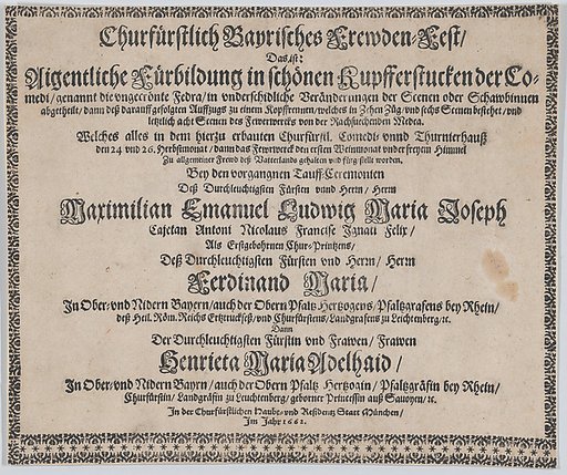 Text to accompany plate illustrating the fireworks display celebrating the birth of Prince Max Emmanuel of Bavaria, Munich, 1662