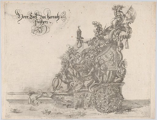 Procession, with a male and female figure seated on a float