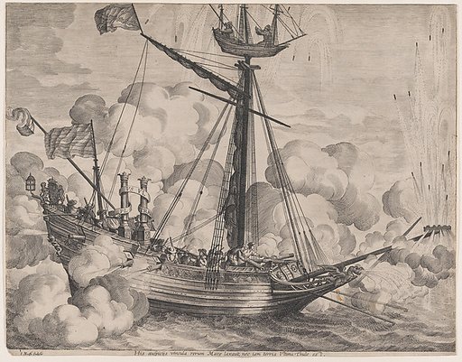 Plate 37: Triumphal ship with fireworks display to the right; from Guillielmus Becanus's 'Serenissimi Principis Ferdinandi, Hispaniarum Infantis...'