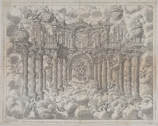 Plate 2 [counterproof]; stage set with allegorical figures seated among the clouds, with a large colonnade in the background; from Aurelio Aureli's "Il Favore De Gli Dei"