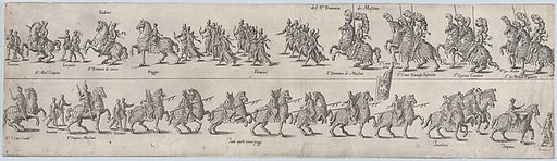 Plate depicting Domenico de Massimo, from a series of twelve showing knights and their attendants dressed for a tournament (plate 4)