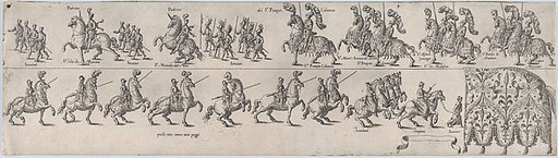 Plate depicting Pompeo Colonna, from a series of twelve showing knights and their attendants dressed for a tournament (plate 6)