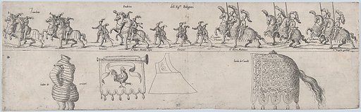 Plate depicting Signore Bolognesi, from a series of twelve showing knights and their attendants dressed for a tournament (plate 9)