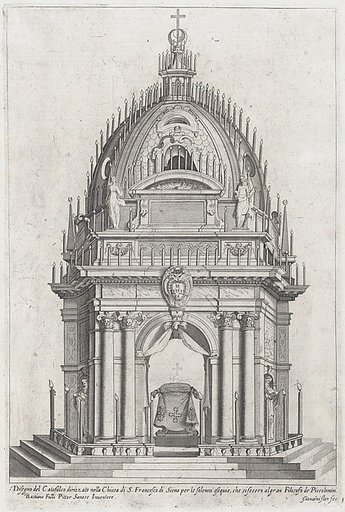 Design of the catafalque for Francesco Piccolomini, from "Libro De Catafalchi, Tabernacoli, con varij designi di Porte fenestre et altri ornamenti di Architettura"