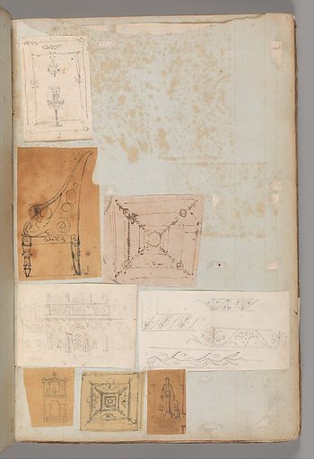 Page from a Scrapbook containing Drawings and Several Prints of Architecture, Interiors, Furniture and Other Objects