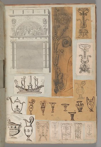 Page from a Scrapbook containing Drawings and Several Prints of Architecture, Interiors, Furniture and Other Objects