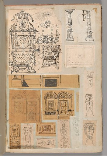 Page from a Scrapbook containing Drawings and Several Prints of Architecture, Interiors, Furniture and Other Objects