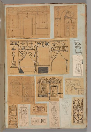 Page from a Scrapbook containing Drawings and Several Prints of Architecture, Interiors, Furniture and Other Objects