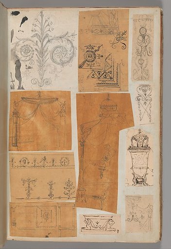 Page from a Scrapbook containing Drawings and Several Prints of Architecture, Interiors, Furniture and Other Objects