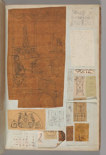 Page from a Scrapbook containing Drawings and Several Prints of Architecture, Interiors, Furniture and Other Objects