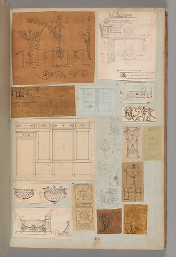Page from a Scrapbook containing Drawings and Several Prints of Architecture, Interiors, Furniture and Other Objects