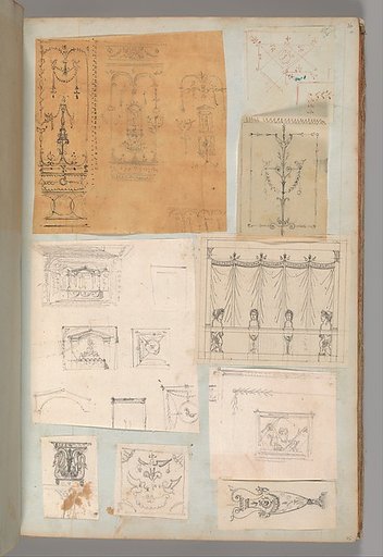 Page from a Scrapbook containing Drawings and Several Prints of Architecture, Interiors, Furniture and Other Objects