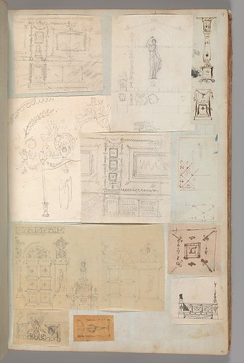 Page from a Scrapbook containing Drawings and Several Prints of Architecture, Interiors, Furniture and Other Objects