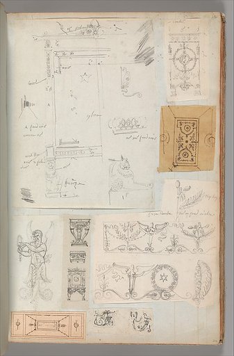 Page from a Scrapbook containing Drawings and Several Prints of Architecture, Interiors, Furniture and Other Objects