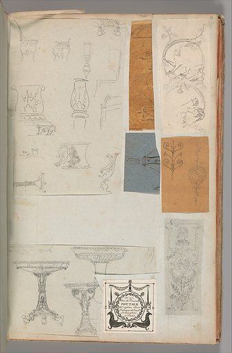Page from a Scrapbook containing Drawings and Several Prints of Architecture, Interiors, Furniture and Other Objects