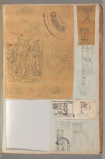 Page from a Scrapbook containing Drawings and Several Prints of Architecture, Interiors, Furniture and Other Objects