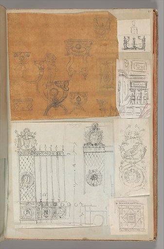 Page from a Scrapbook containing Drawings and Several Prints of Architecture, Interiors, Furniture and Other Objects