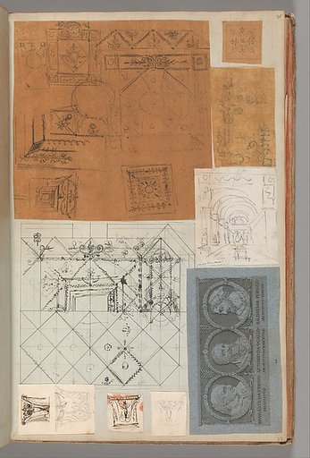 Page from a Scrapbook containing Drawings and Several Prints of Architecture, Interiors, Furniture and Other Objects