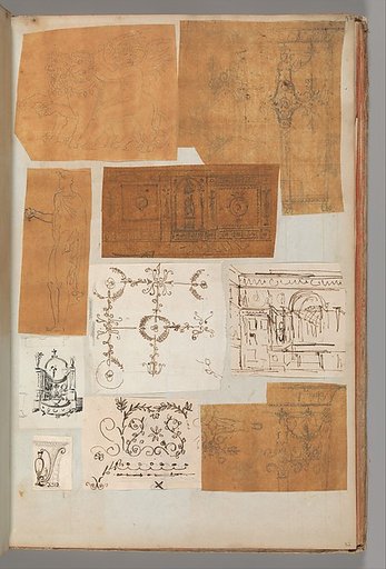 Page from a Scrapbook containing Drawings and Several Prints of Architecture, Interiors, Furniture and Other Objects