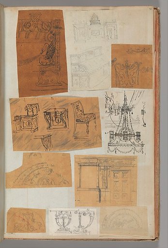 Page from a Scrapbook containing Drawings and Several Prints of Architecture, Interiors, Furniture and Other Objects