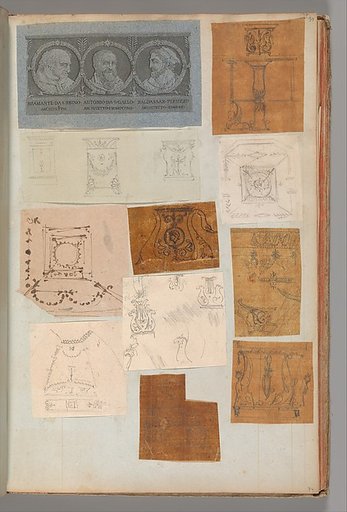 Page from a Scrapbook containing Drawings and Several Prints of Architecture, Interiors, Furniture and Other Objects