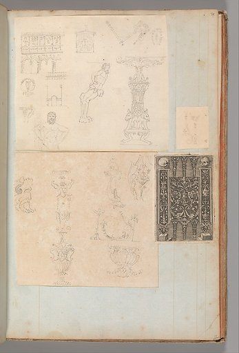 Page from a Scrapbook containing Drawings and Several Prints of Architecture, Interiors, Furniture and Other Objects