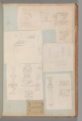 Page from a Scrapbook containing Drawings and Several Prints of Architecture, Interiors, Furniture and Other Objects