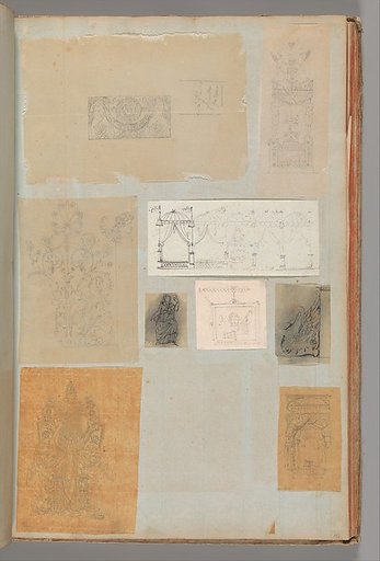 Page from a Scrapbook containing Drawings and Several Prints of Architecture, Interiors, Furniture and Other Objects