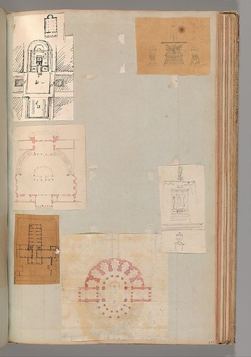 Page from a Scrapbook containing Drawings and Several Prints of Architecture, Interiors, Furniture and Other Objects