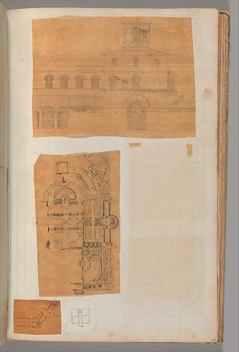Page from a Scrapbook containing Drawings and Several Prints of Architecture, Interiors, Furniture and Other Objects
