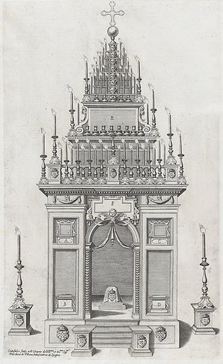 Design of the catafalque for the exequies of the Marchesa di Villena in San Giacomo degli Spagnoli, Rome, from "Libro De Catafalchi, Tabernacoli, con varij designi di Porte fenestre et altri ornamenti di Architettura"