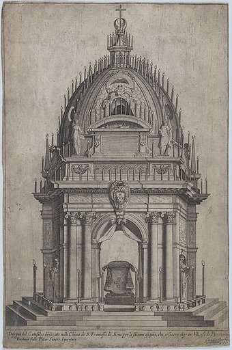 Design of the catafalque for Francesco Piccolomini, from "Libro De Catafalchi, Tabernacoli, con varij designi di Porte fenestre et altri ornamenti di Architettura"