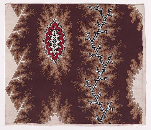 Textile Design with Alternating Vertical Strips of Stiff Branches and Rosettes with Flanks over Ornamental Frames