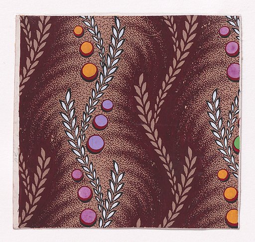 Textile Design with Alternating Vertical Stripes of Undulating Wheat Ears and Undulating Wheat Ears with Circles