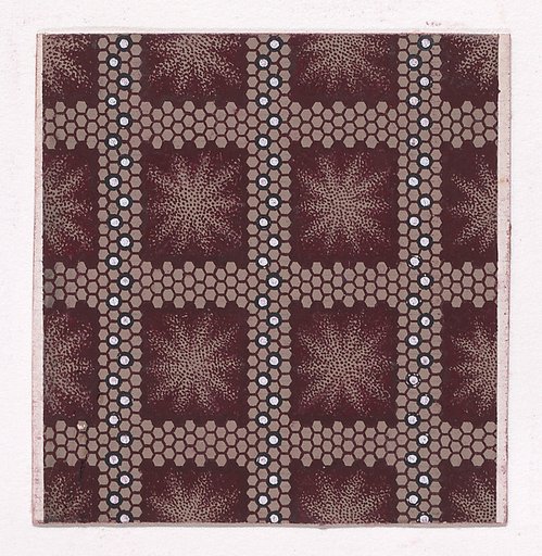 Textile Design with a Checked Pattern of Intersecting Honeycomb Lines and Vertical Stripes of Pearls