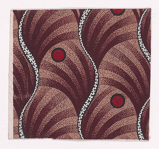 Textile Design with Alternating Vertical Stripes of Undulating Ribbons Outlined with Branches and Circles Over a Background of Shifting Scales with Stripes