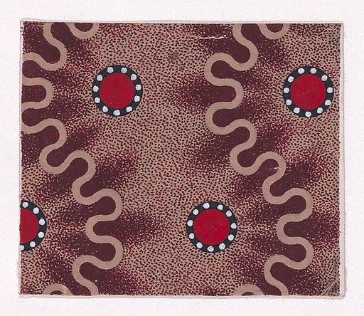 Textile Design with a Stippled Background and Vertical Stripes of Alternating Circles of Framed by a Ribbon Adorned with Pearls Separated by Undulating Garlands of Ribbons