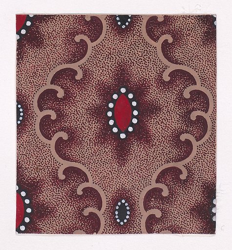 Textile Design with Vertical Rows of Alternating Lenses of Two Different Sizes Bordered by Pearls Separated by Vertical Scrolls of Ribbons Over a Stippled Background
